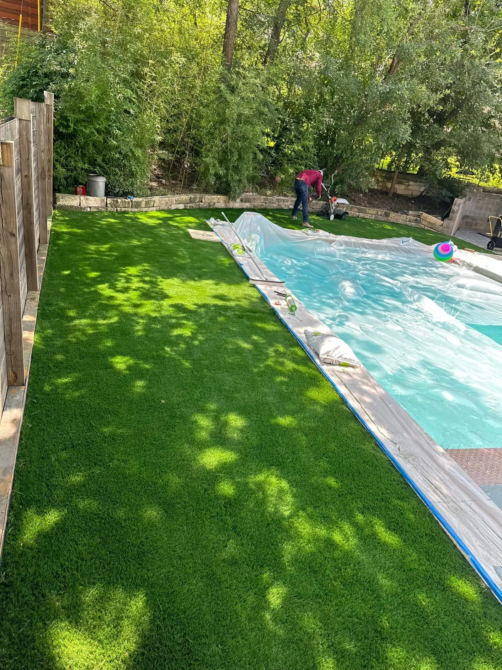 Artificial turf installation in residential yard